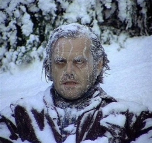 An image of the 'frozen guy meme' which is an image of Jack Nicholson frozen in the snow from the movie The Shining 