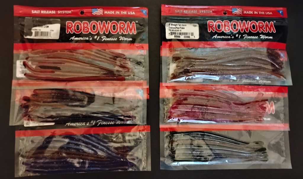 six packs of roboworms in six different colors